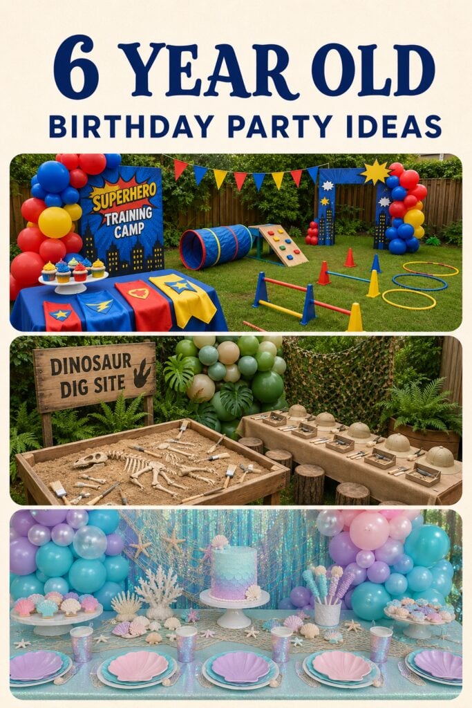 Pinterest-style graphic collage of 6 year old birthday party theme ideas for pinning and saving