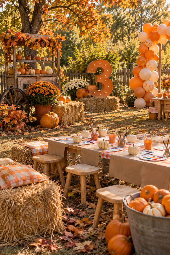 Autumn pumpkin patch themed 3rd birthday party with mini pumpkins