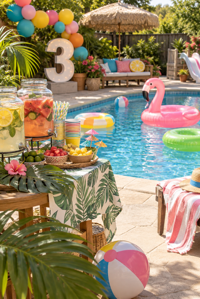 Summer splash pool party for a toddler birthday with tropical drinks