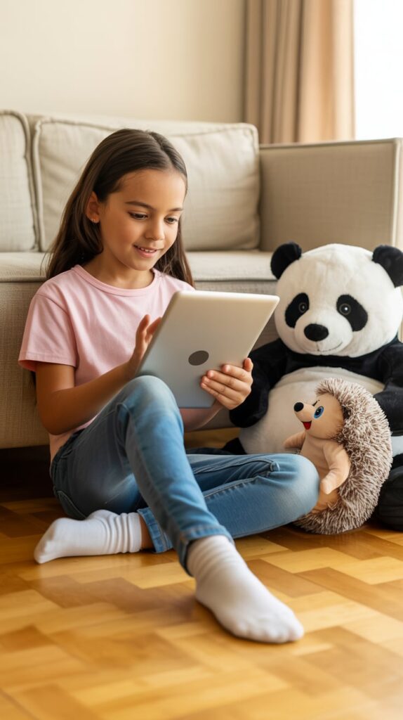 A young girl sitting on the floor, smiling as she looks at a tablet screen. She’s surrounded by plush toys, including a large panda and a small hedgehog, creating a cozy, playful setting for educational screen time at home.