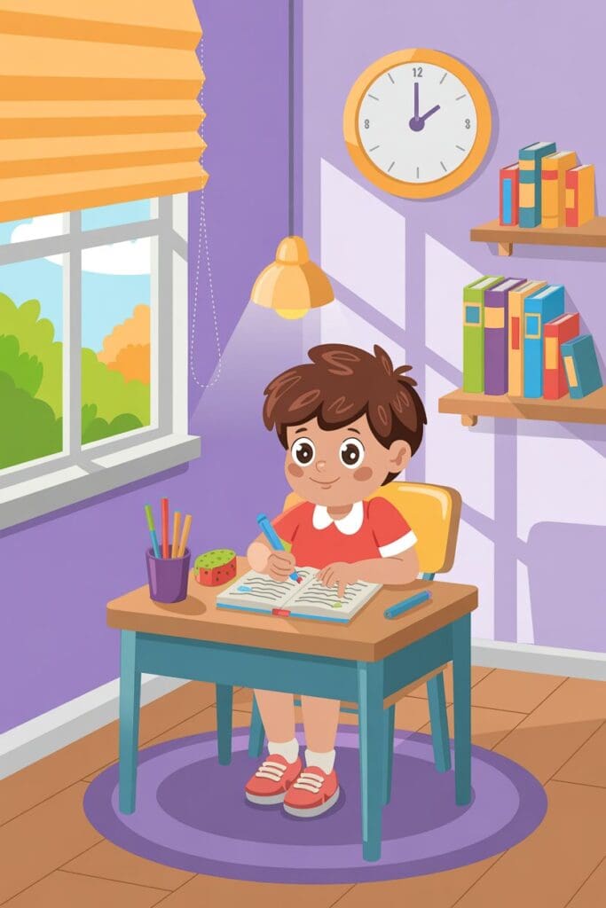 Child following an after school routine for kids, doing homework with a snack at a cozy desk.
