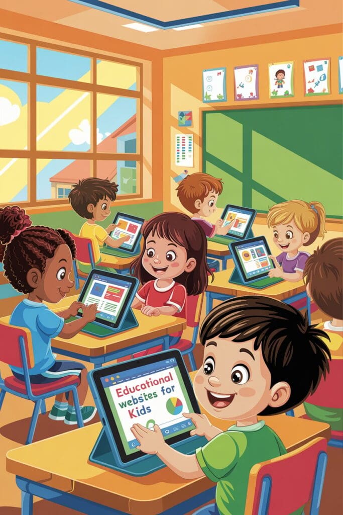 Children learning with tablets and the best free educational websites for kids in a colorful modern classroom setting