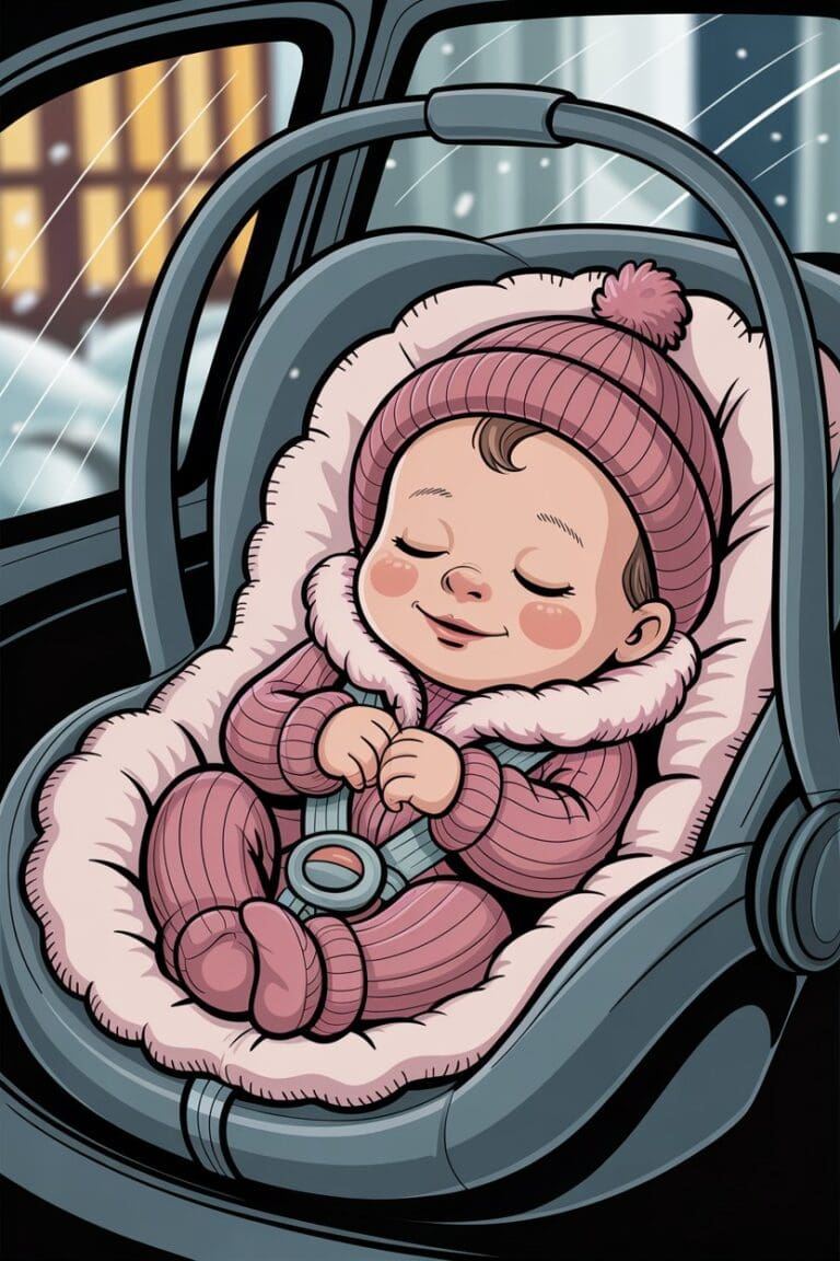 Cute cartoon of a bundled-up newborn in a car seat surrounded by snowy window, warm clothes, and a cozy blanket.