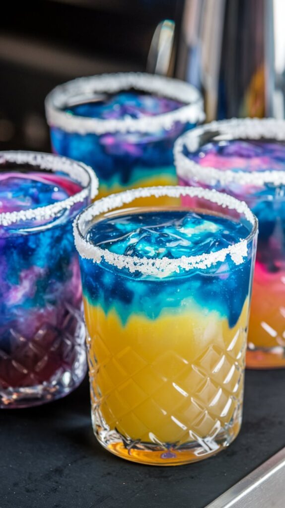 Galaxy-colored layered drinks in salt-rimmed glasses in shades of blue, purple, and orange