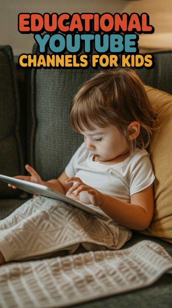 A young child sitting on a sofa using a tablet, with bold text overlay reading “Educational YouTube Channels for Kids.” The warm lighting and cozy blanket create a calm atmosphere that reflects mindful, educational screen time.