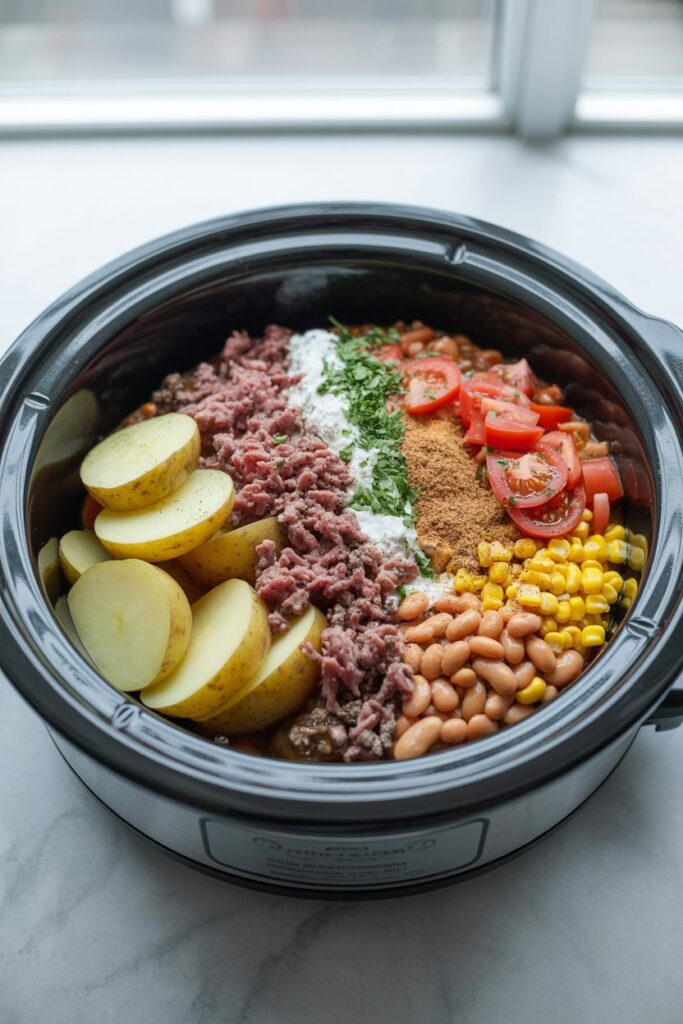Uncooked cowboy casserole ingredients layered in a slow cooker, showing sliced potatoes, browned beef, corn, beans, and diced tomatoes sprinkled with seasoning.