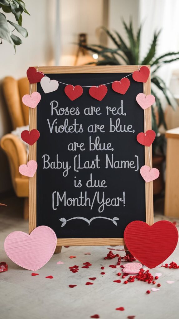 Chalkboard sign with a Valentine's themed rhyme announcing a baby's due date, surrounded by festive decor