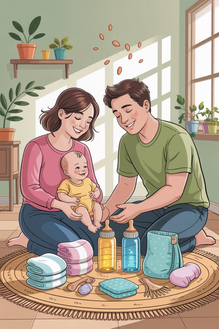 Green-themed cartoon showing eco-conscious parents with natural baby items like cloth diapers, wooden toys, and glass bottles.