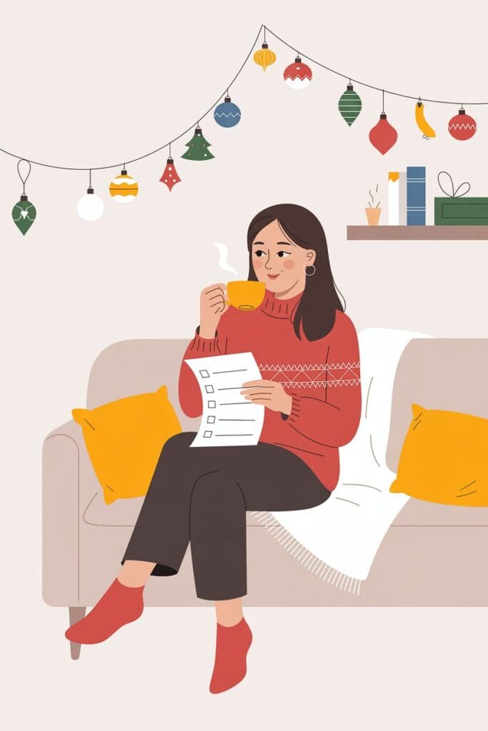 "Mom relaxing with a checklist and warm drink, following stress free Christmas tips for a calmer holiday season."