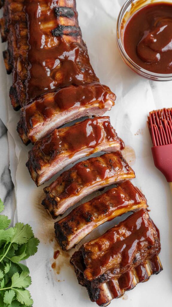 Barbecue pork ribs sliced and glazed with smoky sauce, served on parchment paper beside a bowl of extra barbecue sauce and a red basting brush.