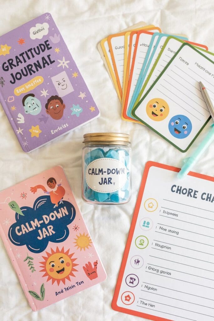 “Flat lay of tools used in positive discipline techniques like emotion cards and behavior charts”