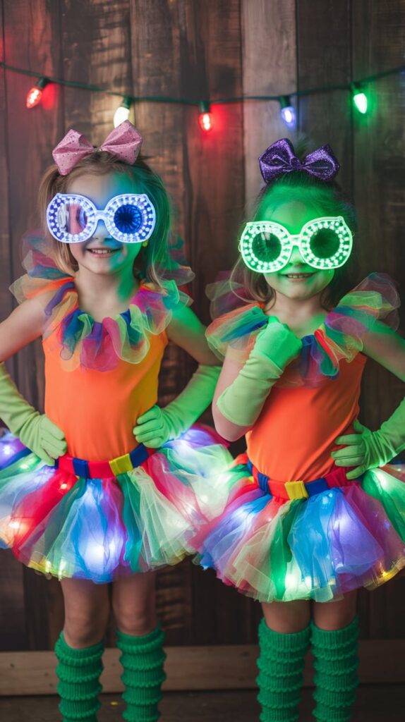 Two girls wearing light-up LED glasses and rainbow tutus with battery-powered lights sewn in