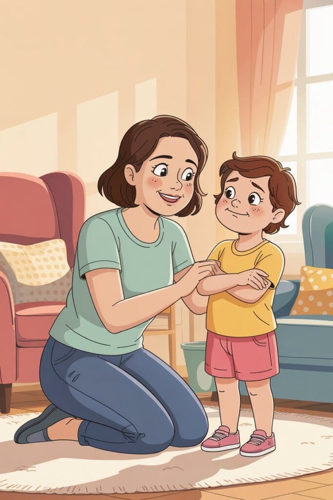 Mother using strong willed child parenting tips to calmly guide her preschooler at home.