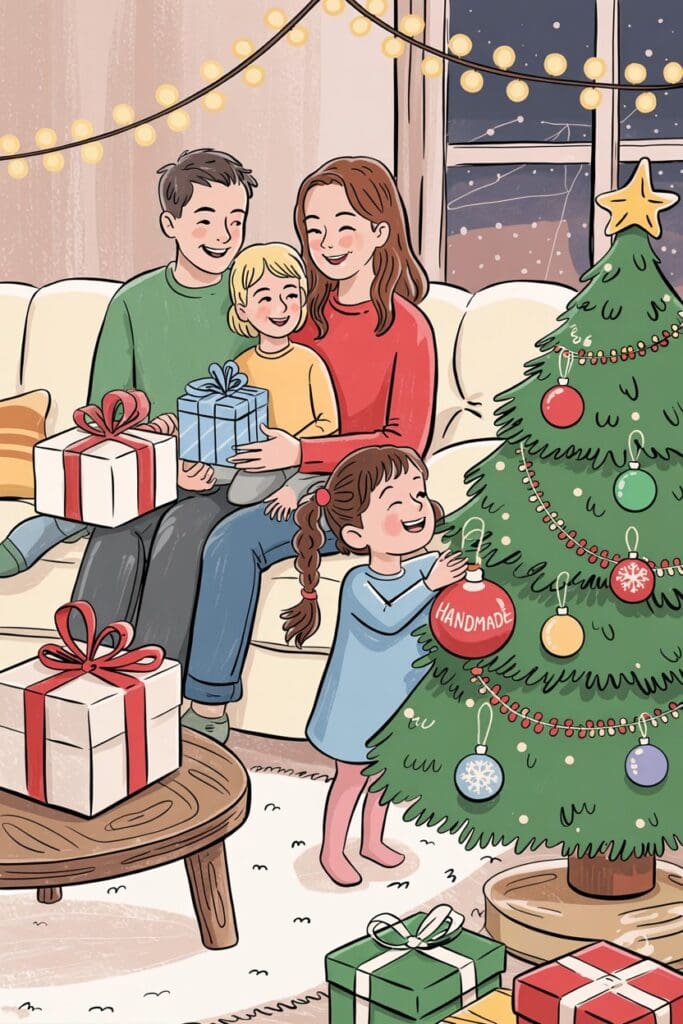 "Family celebrating around a Christmas tree with simple decorations and gifts, illustrating stress free Christmas tips at home."