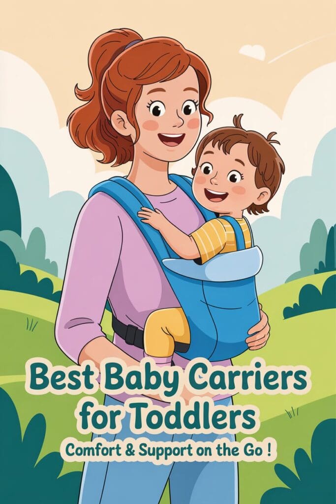 Cartoon image of mom using one of the best baby carriers for toddlers – soft colors and playful design for a branded Pinterest pin.”