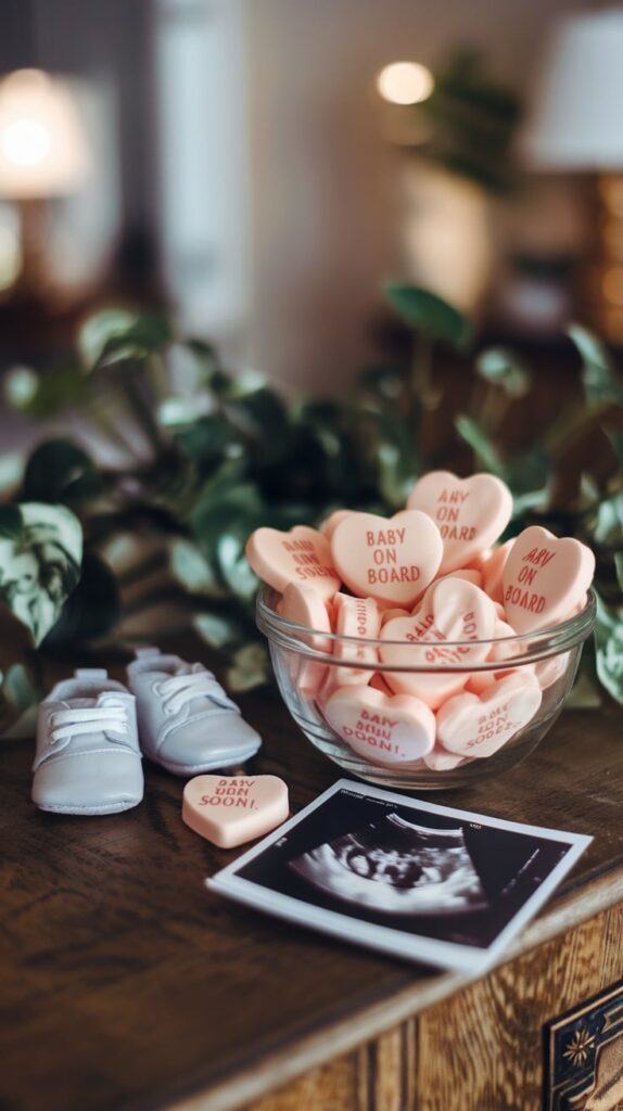 Pastel candy conversation hearts arranged around baby shoes and an ultrasound photo spelling out a pregnancy announcement message