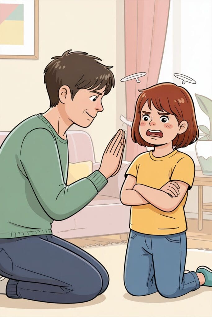 Parent calmly handling a power struggle with a child during a disagreement in a positive way.