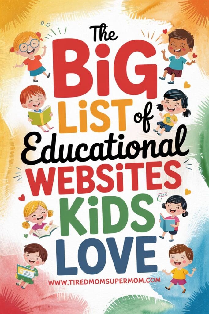 "Cartoon children learning online with the best free educational websites for kids, surrounded by books and educational icons."