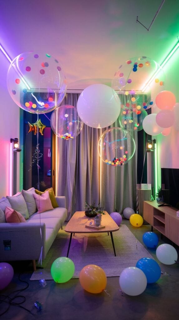 Living room transformed with neon uplighting and confetti-filled bubble balloons for a glow-in-the-dark party