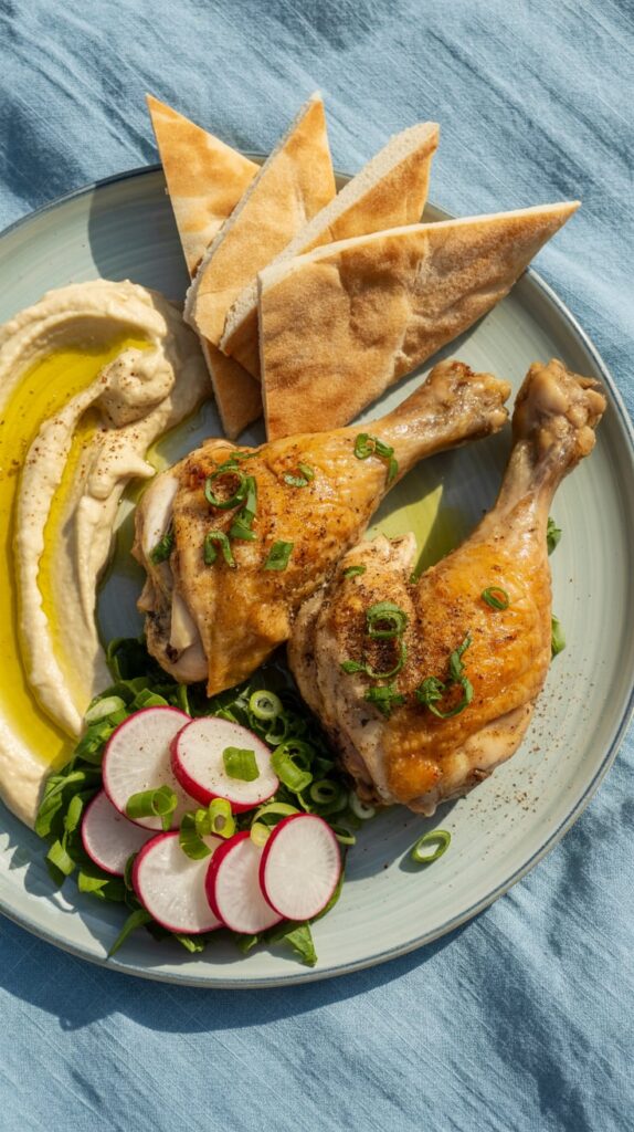 roasted chicken drumsticks, pita bread, creamy hummus