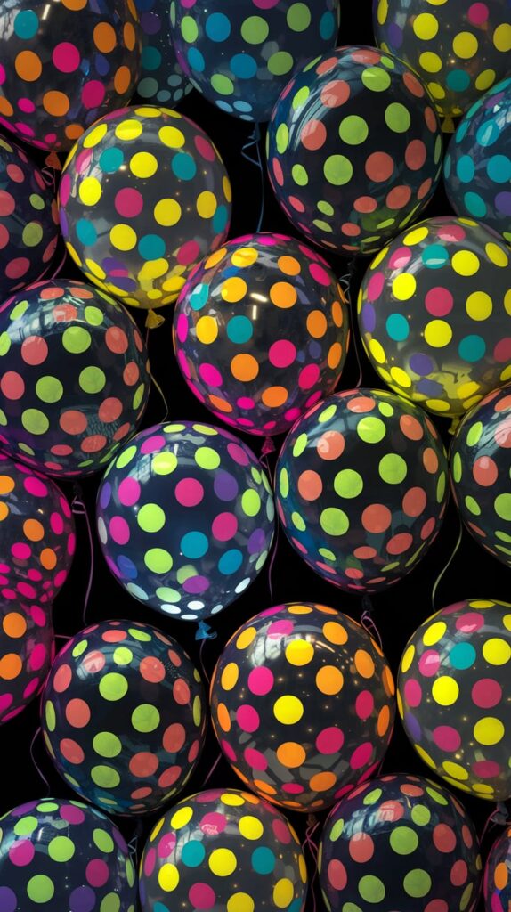 Cluster of dark balloons printed with bright neon polka dots in pink, green, and orange