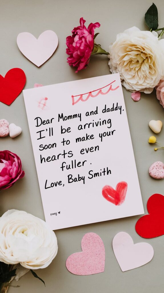 Handwritten love letter announcement written from baby to the family, styled with soft Valentine's props