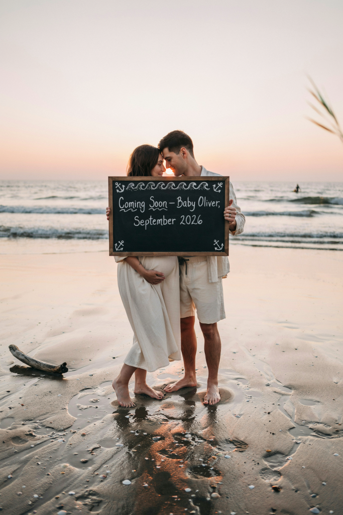  A couple holding a large chalkboard sign that reads "Coming Soon — Baby [Name], [Month] [Year]" on a beach at sunset. Both wearing cream linen — him in shorts, her in a flowy dress with her bump visible. Sign decorated with hand-drawn waves and anchors around the border.