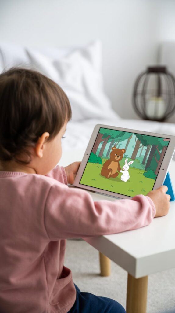 A toddler sitting at a small table, watching an educational cartoon featuring a bear and a rabbit on a tablet screen. The soft lighting and cozy home setting create a calm, focused learning moment.