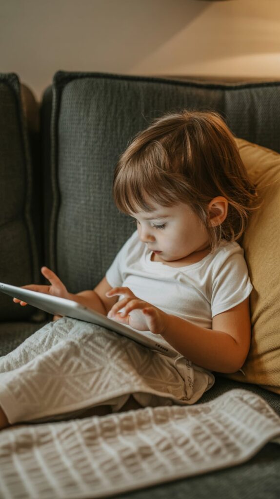 A toddler sitting comfortably on a sofa, intently watching a tablet screen while wrapped in a cozy blanket. The warm lighting and soft cushions create a calm, relaxed environment for screen time at home.