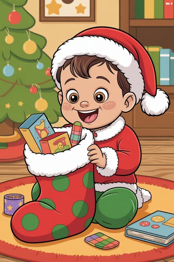 Toddler opening Christmas stocking filled with the best toddler stocking stuffers like toys, books, and snacks