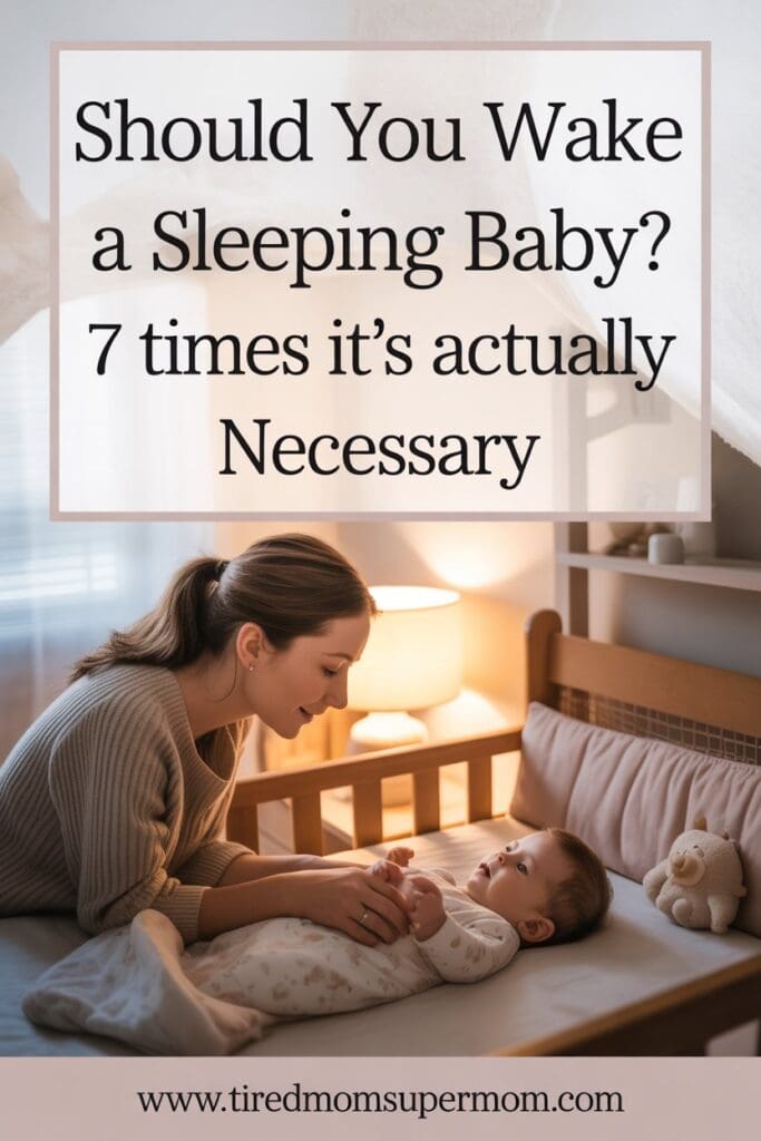 A helpful Pinterest graphic titled "Should You Wake a Sleeping Baby?" featuring soft pastel tones and a peaceful nursery scene. The text overlay highlights “7 Times It’s Actually Necessary” alongside icons representing feeding, diaper changes, and sleep routines. Ideal for new parents seeking practical baby sleep tips, the design is calm, clear, and informative, visually guiding viewers through key reasons when waking a baby is the right choice.