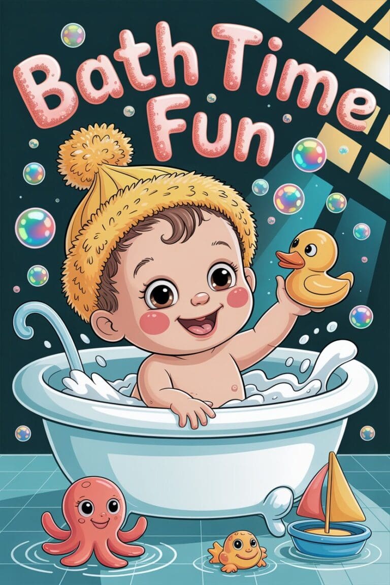 Whimsical cartoon image of a baby in a bathtub surrounded by bright, mold-free bath toys with bubbles floating around.