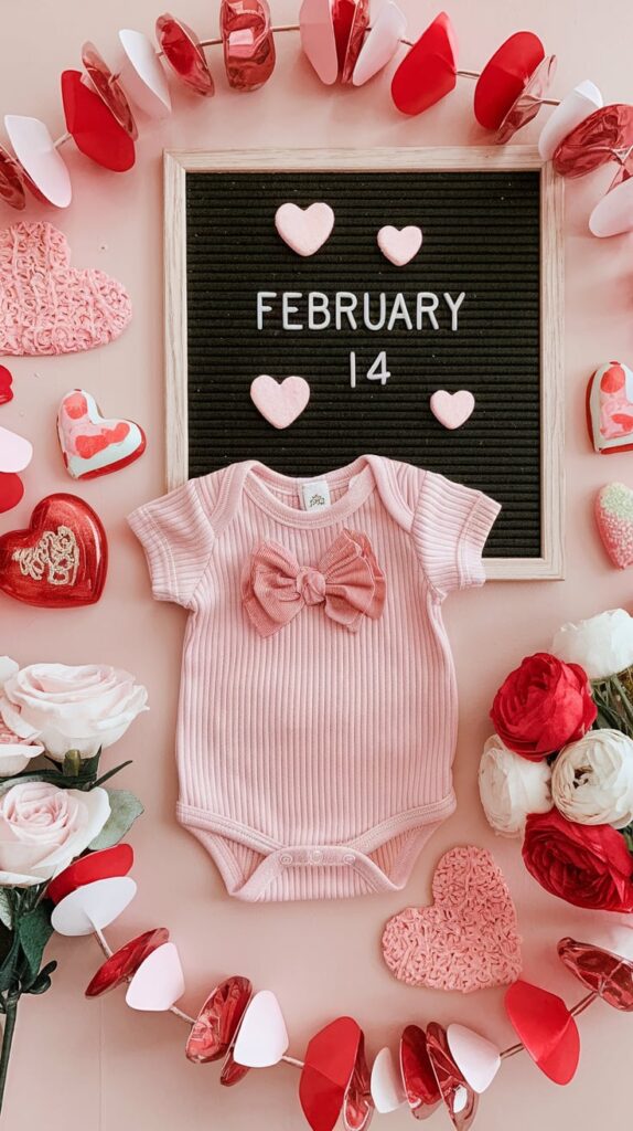 Tiny Valentine's themed onesie laid out surrounded by heart garlands and fresh flowers