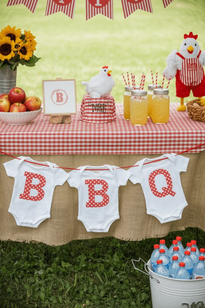 Baby-Q dessert and drink table with gingham accents and BBQ-themed props