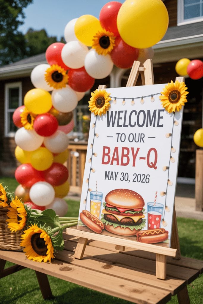 Baby-Q welcome sign with sunflowers and a warm red, yellow, and white balloon garland
