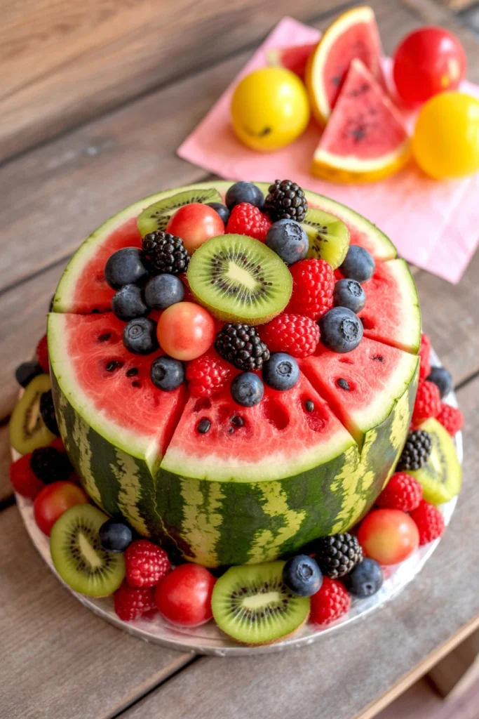 Carved watermelon cake stacked and topped with fresh berries
