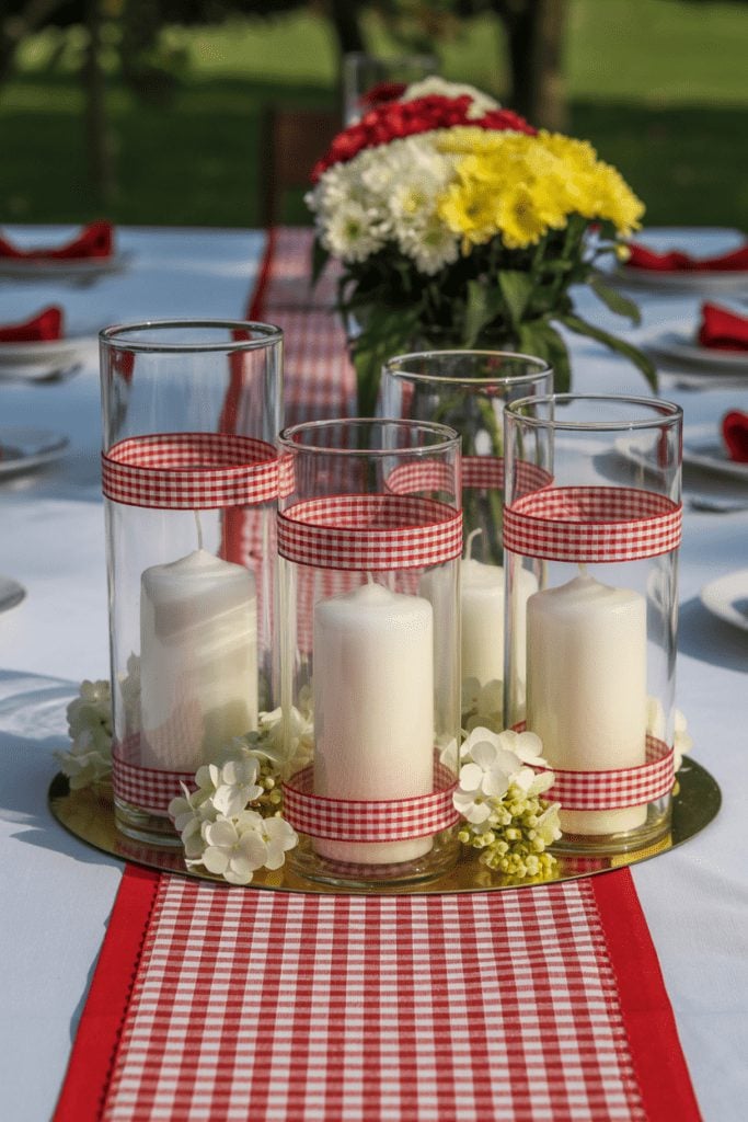Gingham table runner centerpiece with white florals and candles for an elevated BBQ shower table