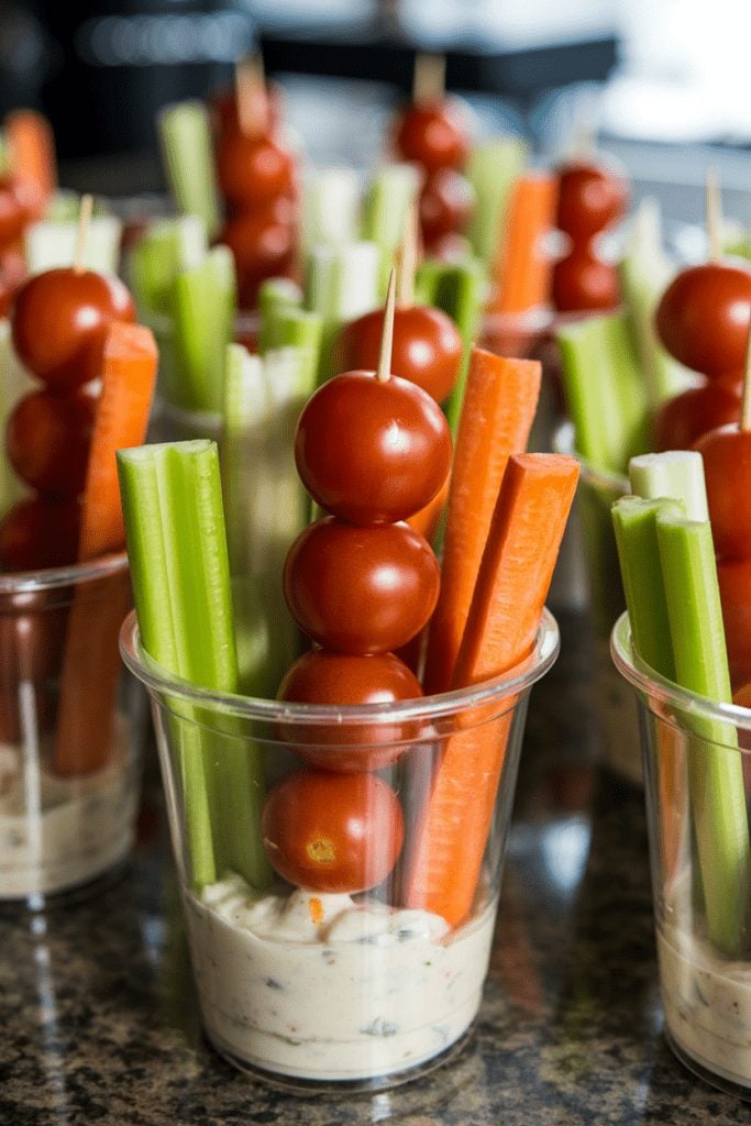 Individual veggie cups with ranch dip and skewered tomatoes for a mess-free BBQ snack