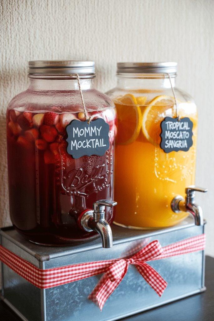 Two labeled mocktail drink dispensers with chalkboard tags on a Baby-Q drink station