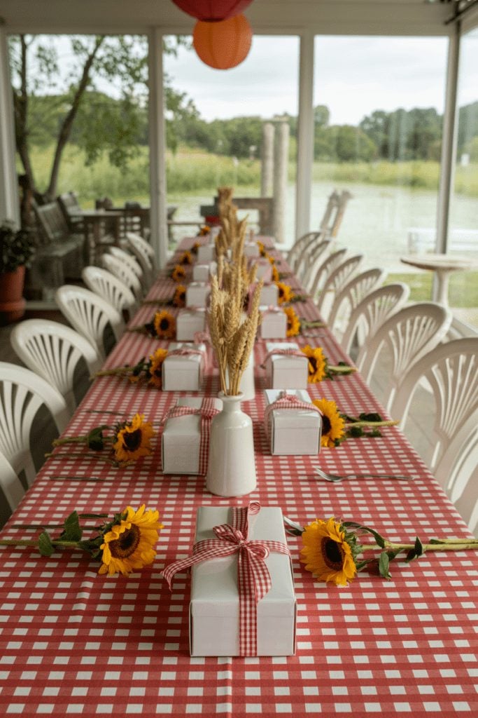 Long gingham table lined with sunflowers and tied favor boxes at each place setting