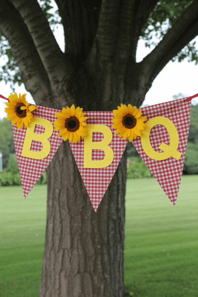 Red gingham BBQ pennant banner tucked with sunflowers for a picnic-style baby shower
