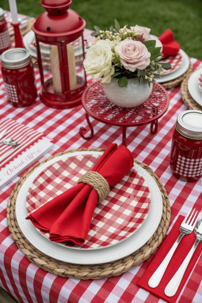 Layered place setting with gingham plates, woven rattan chargers, and red accents