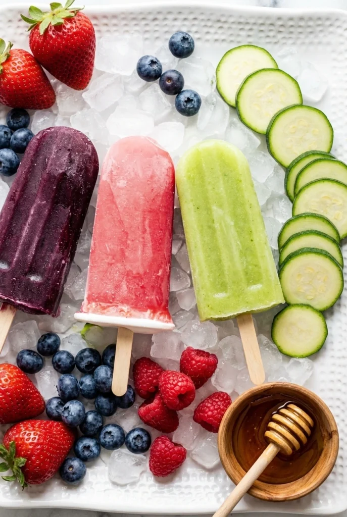 Mini fruit popsicles made from pureed mango and berries