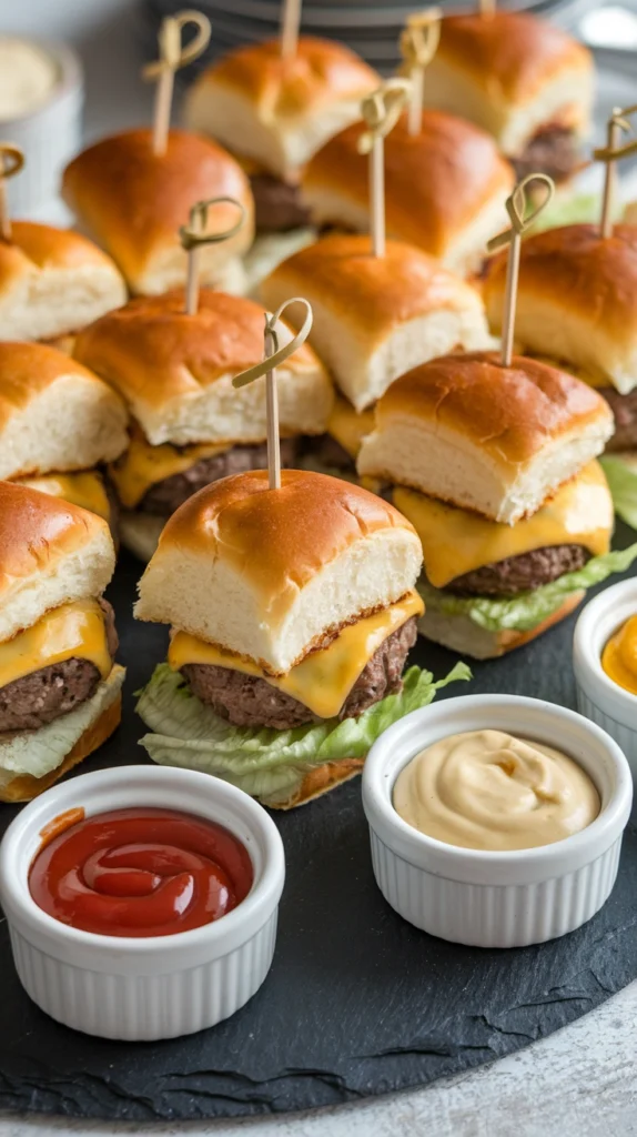 Tray of mini sliders on small buns with toothpicks