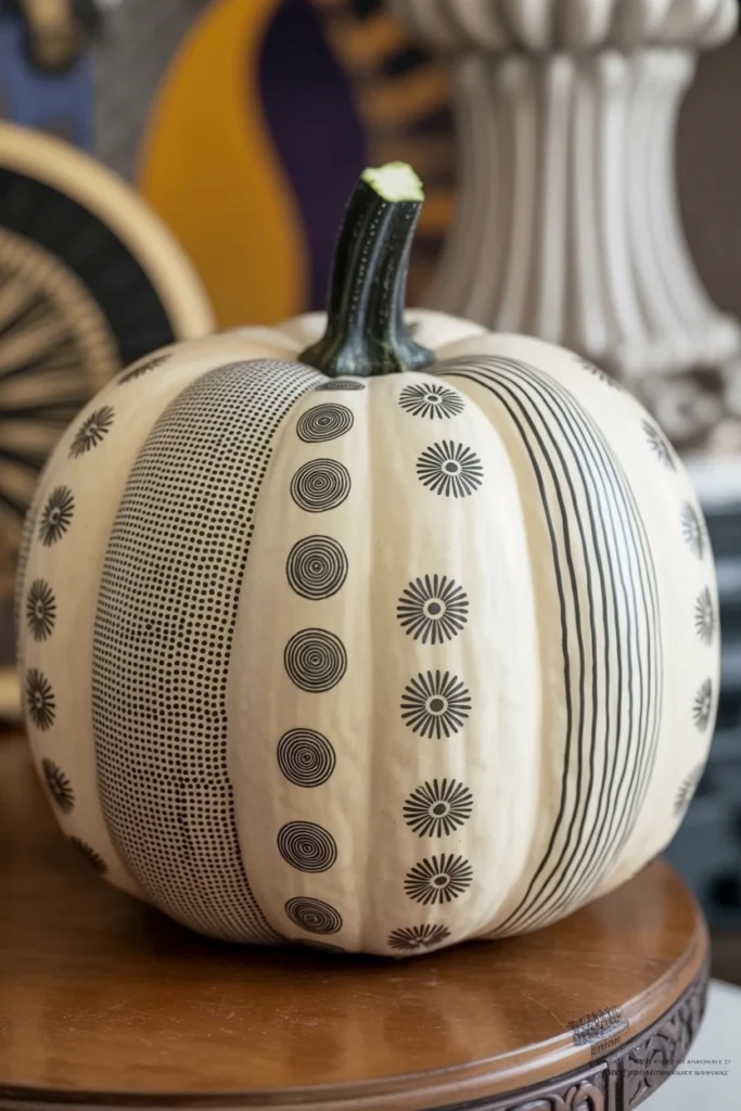 White pumpkin divided into sections filled with small repeating zentangle patterns