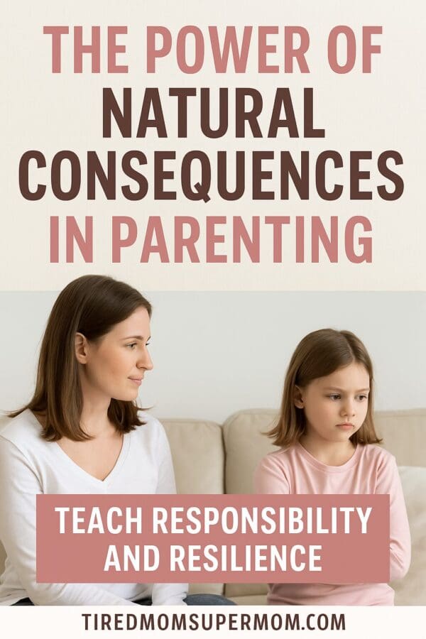 Pinterest pin showing a mother and daughter having a serious conversation on a beige sofa, with text that highlights the benefits of natural consequences in parenting to teach responsibility and resilience, from TiredMomSupermom.com.