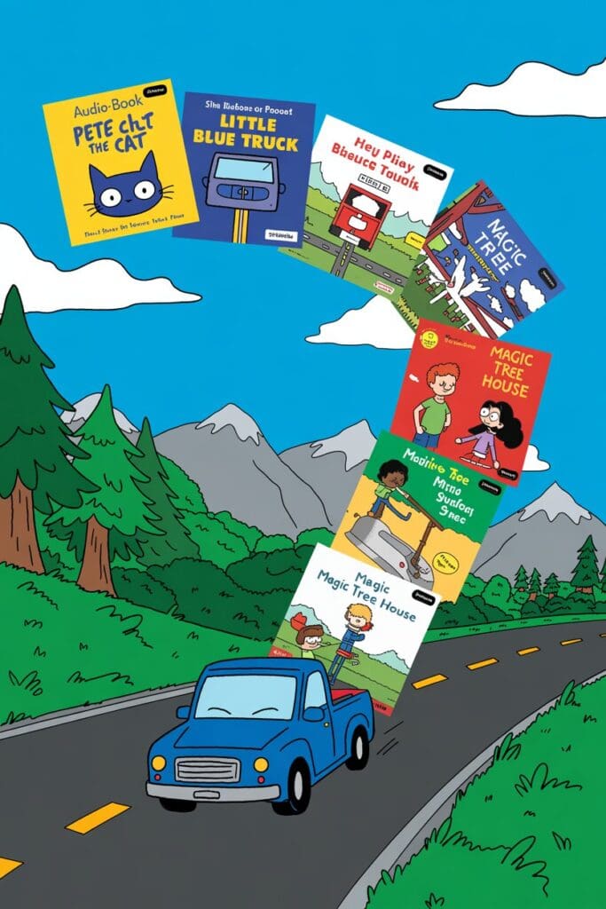 “Scenic highway background with cartoon-style floating audiobook covers like Pete the Cat and Little Blue Truck for kids on car rides”