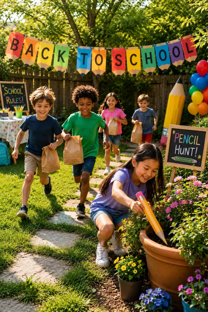 Kids running through a backyard holding brown paper bags, one child pulling a fun pencil from behind a flowerpot