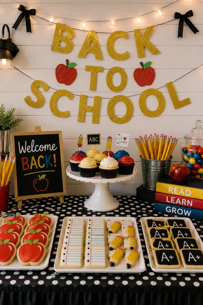 A dessert table with a gold glitter "Back to School" banner strung above cupcakes, cookies, and a small drawing board sign