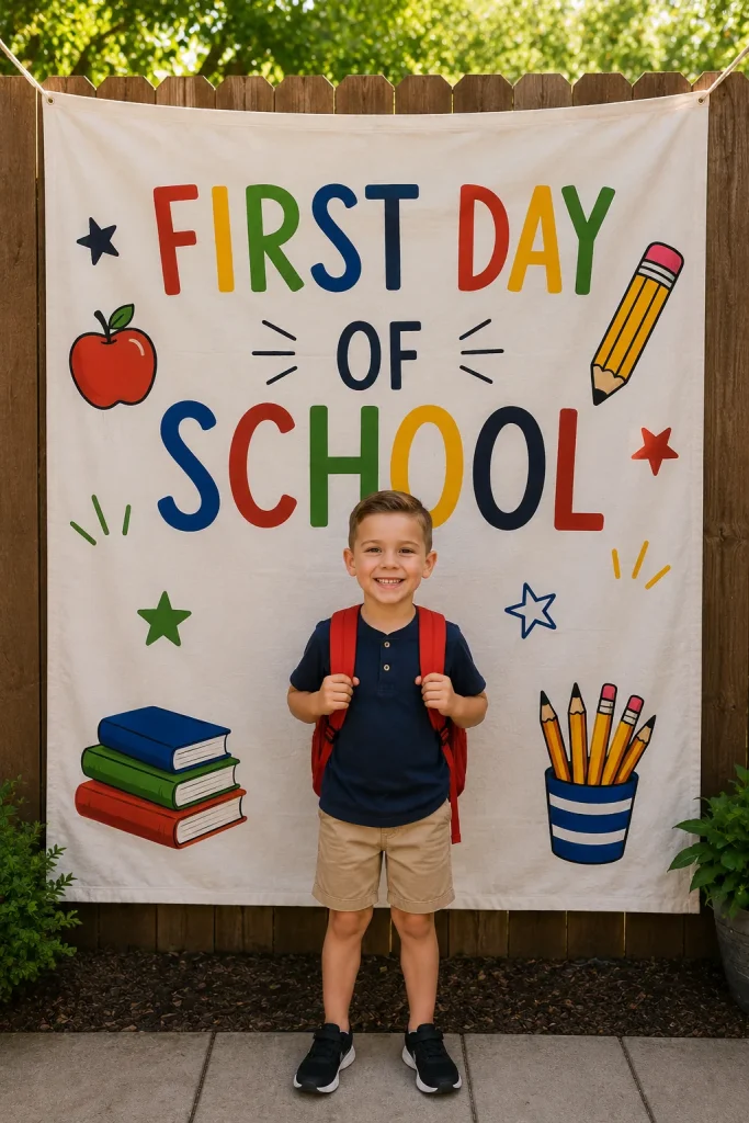 A fabric backdrop hung on a fence reading "First Day of School" with a child standing in front holding a backpack
